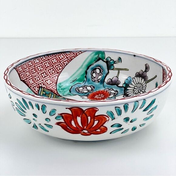 Japanese Imari Polychrome Vintage Meiji Period Flower Landscape Scene Arita Bowl - Picture 3 of 16